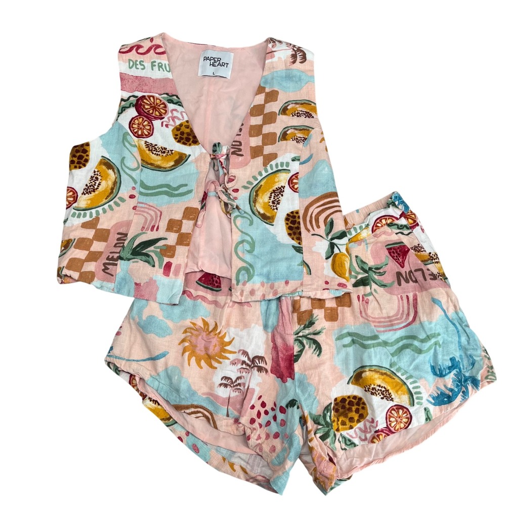 Paper Heart Short Set Anthropologie L Fruit Tropical Linen Blend Tie Front Vest